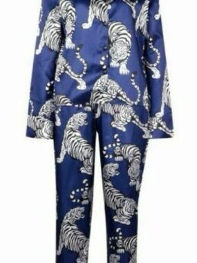 Boohoo Navy Blue White Tiger-Print Pajama Set